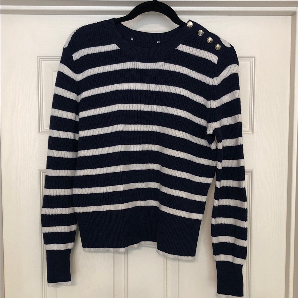 LOFT Navy and White Striped Crewneck Sweater with Shoulder Buttons